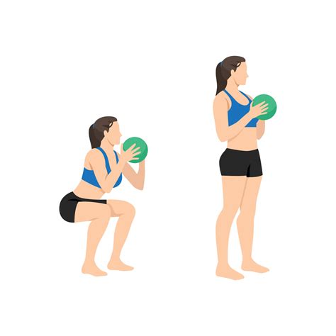 Woman doing Medicine ball squat exercise. Flat vector illustration isolated on white background ...