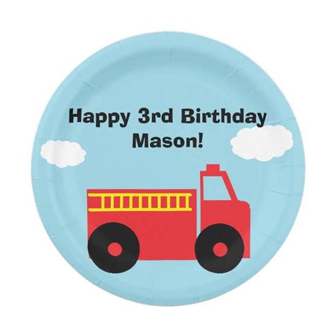 "Firetruck" Personalized Paper Plates | Zazzle | Boy birthday party ...