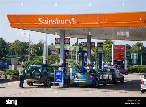 Sainsburys Petrol Station forecourt in Meole Brace Retail Park Shrewsbury Shropshire England UK ...