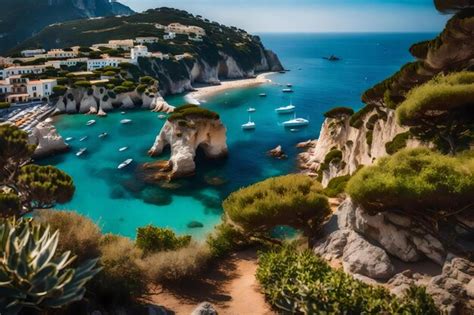 Premium AI Image | A panoramic view of a beach with boats on the water.