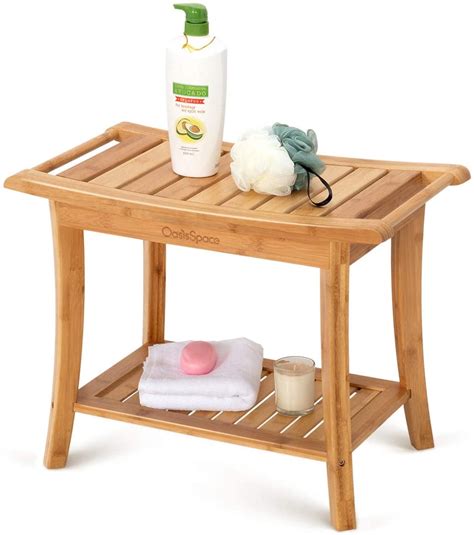 OasisSpace Bamboo Shower Bench, 24" Waterproof Shower Chair with Storage Shelf, Wood Spa Bath ...