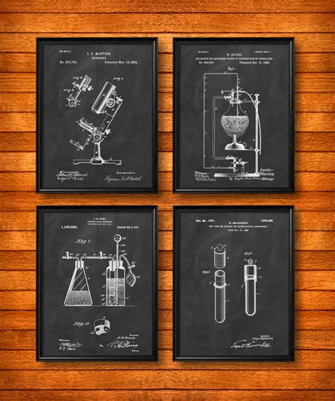 SET of 4 SCIENCE Posters Vintage Patent Illustration Art