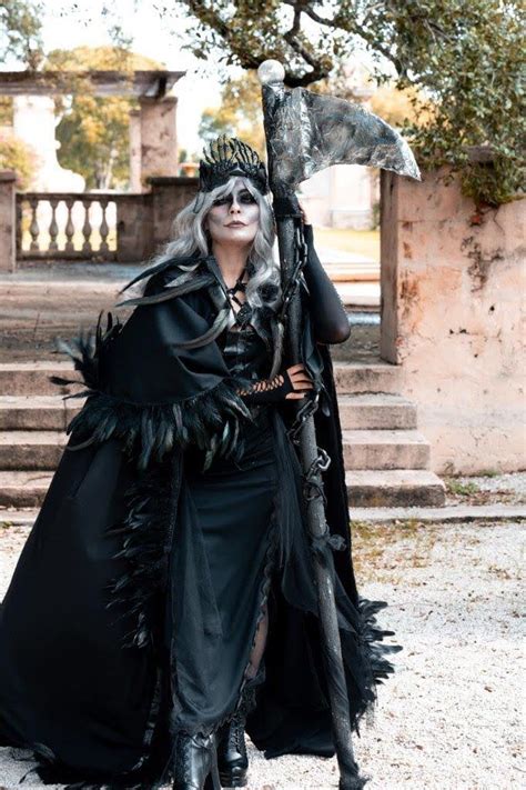 COMPLETE GRIM REAPER Lady of the Dark Costume With Feather Hooded Cloak ...