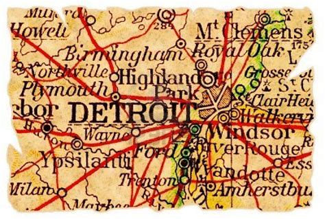 Detroit, Michigan on an old torn map from 1949, isolated. Part ...