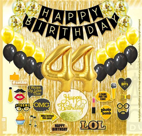 44th Birthday Decoration Black and Gold for Boy & Girl, 44th Cake Topper, 44th Party Supplies ...