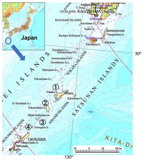 Map locations of the four Amami islands (1: Amami-Oshima; 2 ...