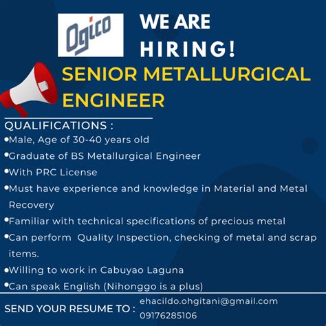 Ohgitani Philippines Inc. ( 1 Senior & 1 Junior Metallurgical Engineer ...