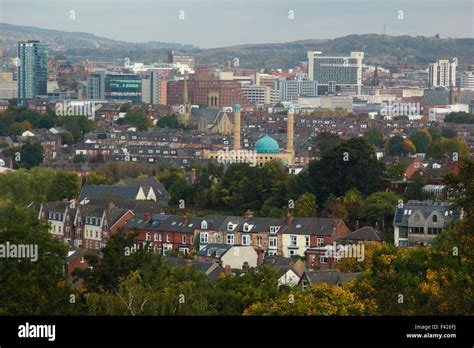 The skyline of the city of Sheffield in South Yorkshire, England, seen from the south of the ...