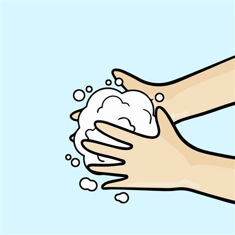 Man washes his hands. Hygiene of hands and skin. Soap and foam with bubbles. Cartoon ...