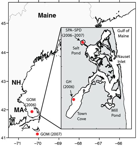 Map of the Nauset Marsh System and the Gulf of Maine showing location ...