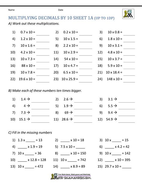 Decimal Power Of 10 Worksheet