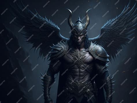 Premium AI Image | Dark warrior angel in armor and helmet on dark background Fantastic illustration