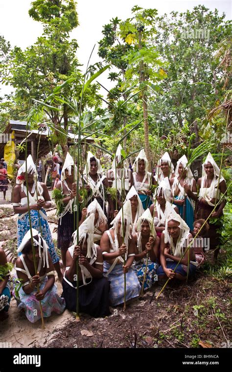 Group of Melanesian men and women wearing traditional white fringed head dress pose for camera ...