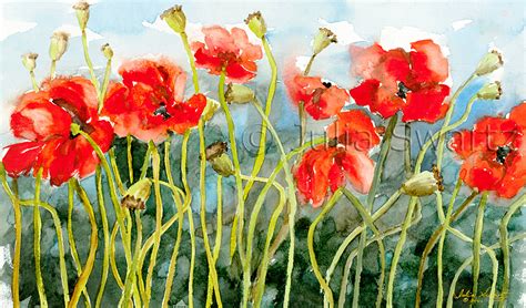 Poppies Row Watercolor Painting