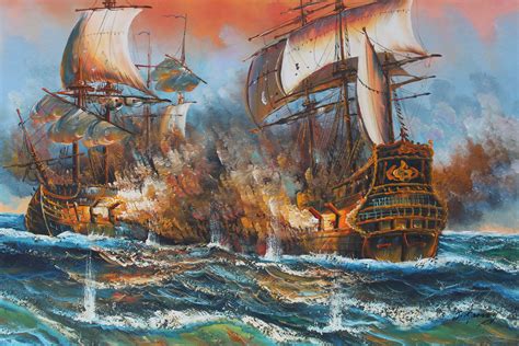 J.harvey Large Oil Painting on Canvas, Ships BATTLE AT SEA, Signed, Framed - Etsy