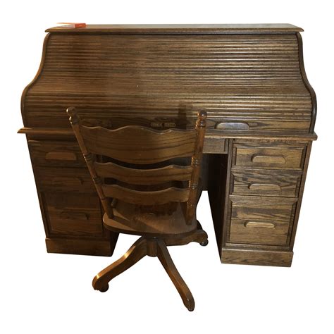 Antique American Oak Crest Roll-Top Desk With Matching Chair | Chairish