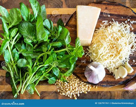 Various Ingredients for Pesto Sauce on Board Stock Image - Image of ...