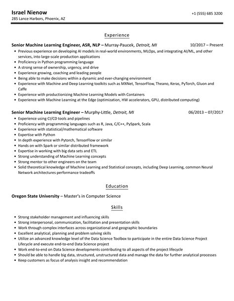 Senior Machine Learning Engineer Resume Samples | Velvet Jobs