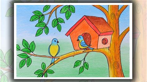 How to draw Birds for kids | How to draw scenery of Birds house | Bird ...