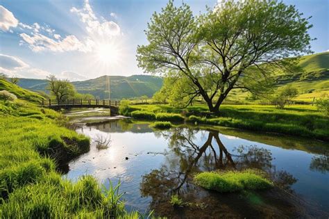 Premium Photo | Natural landscape with river and bridge