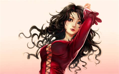 anime girls, Brunette, Dress, Red dress, Curly hair, Long hair Wallpapers HD / Desktop and ...