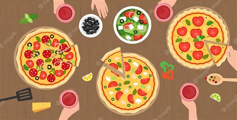 Premium Vector | Family or friends eating pizza top view