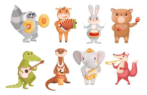 Free Vector | Creative cute animals playing music instruments set