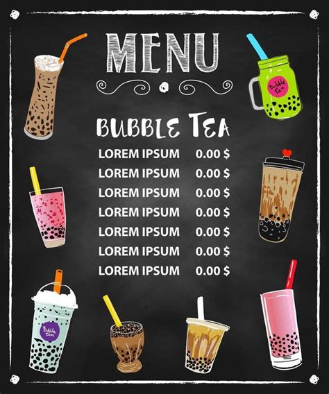 a chalkboard menu with different drinks on the blackboard, including iced tea and bubble tea