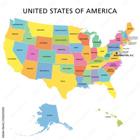 United States of America, multi colored political map. 50 states with ...