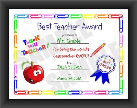 Certificate Best Teacher Kids Certificate Printable PDF - Etsy Australia