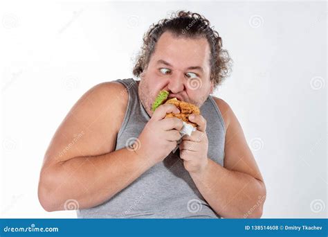 Portrait of Funny Fat Man Eating Fast Food Burger Isolated on White Background Stock Photo ...