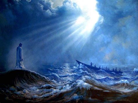 a painting of a man standing on top of a boat in the ocean with sunbeams