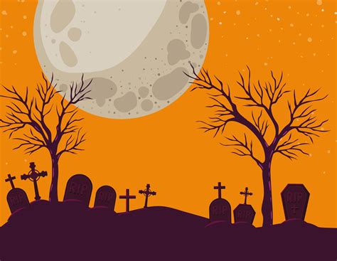 Halloween background with cemetery scene at night 2083696 Vector Art at ...