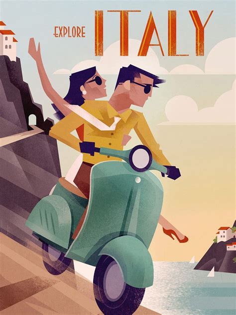 Affiche rétro vintage voyage en Italie, jeune couple sur la vespa, Italie, côte, coucher de ...