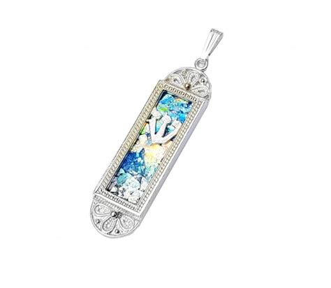 Sterling Silver Mezuzah Design Pendant Necklace with Roman Glass and Filigree | aJudaica.com