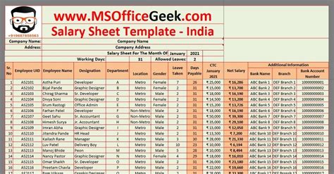 Ready-To-Use Employee Salary Sheet Excel Template - India - MSOfficeGeek