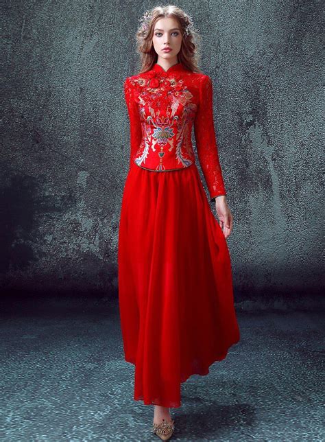 Elegant Full Length Red Chinese Wedding Dress Evening Gown with Lace ...