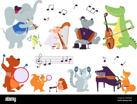 Animals with instruments. Wild music characters, sheep play in orchestra. Baby cartoon musicians ...