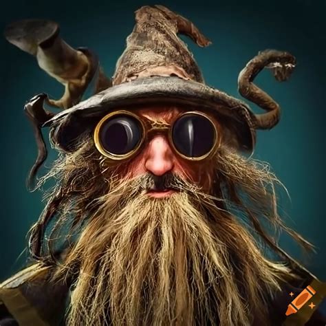 Cosplay of a wizard with round goggles and a hat on Craiyon