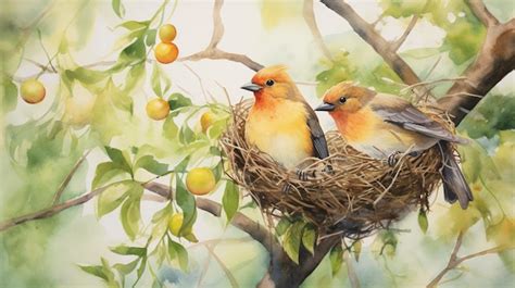 Premium AI Image | Watercolor Birds Nesting in Trees