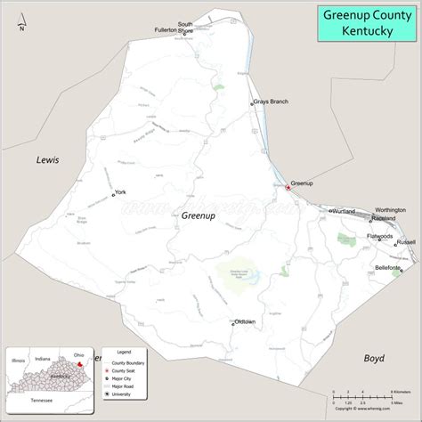 Map of Greenup County, Kentucky showing cities, highways & important ...