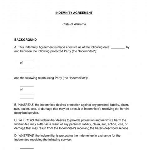 Indemnity Agreement - FREE - Template - Word & PDF