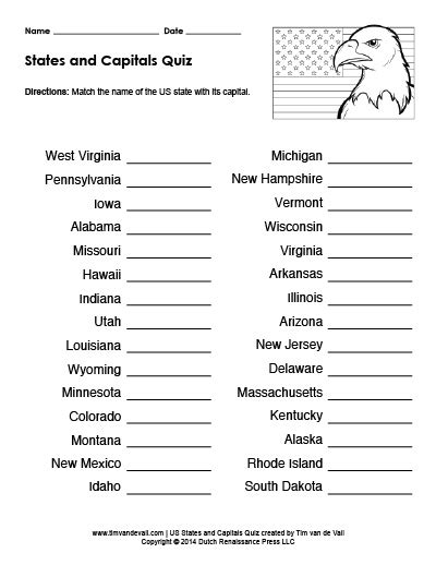 Printable US States and Capitals Quiz | Practice Test PDF