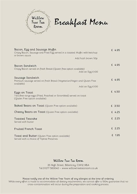 Menu at Willow Tree Tea Room cafe, Billericay