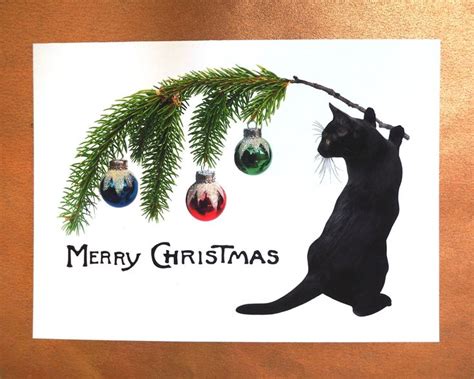 a black cat standing on its hind legs with christmas ornaments hanging ...