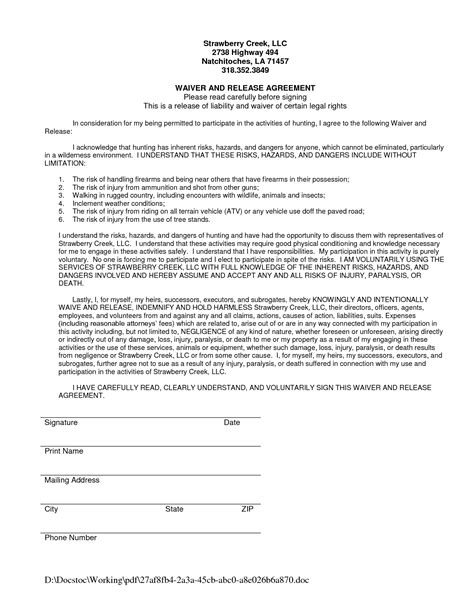 Liability Waiver Form Sample - Free Printable Documents