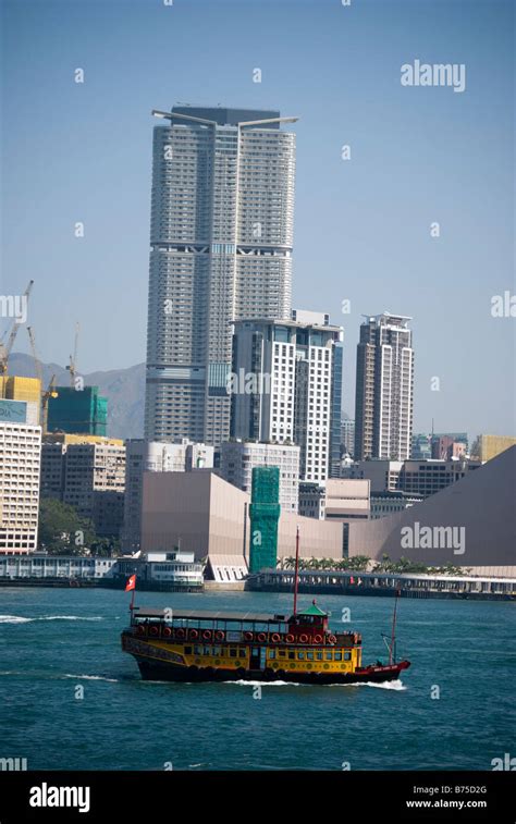 Ferry excursion boat crossing harbour, Central Pier, Sheung Wan ...