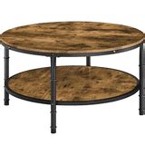 Topeakmart Rustic Round Coffee Table with Iron Mesh Storage Shelf ...