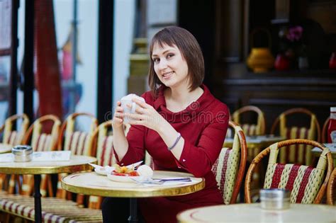 French Woman Drinking Coffee in Outdoor Cafe in Paris, France Stock ...