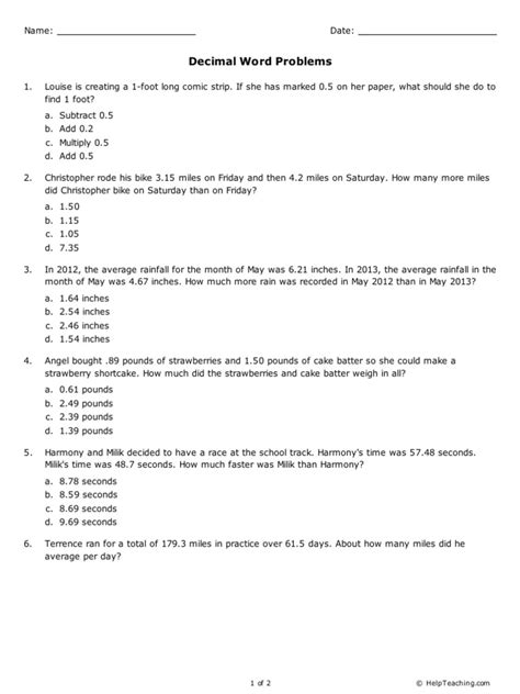 Decimal Word Problems | PDF